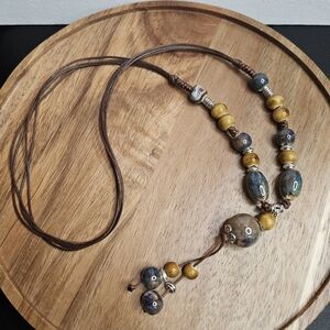 Women's Adjustable Cord Necklace Blue Mustard Yellow Ceramic Beads Long Necklace